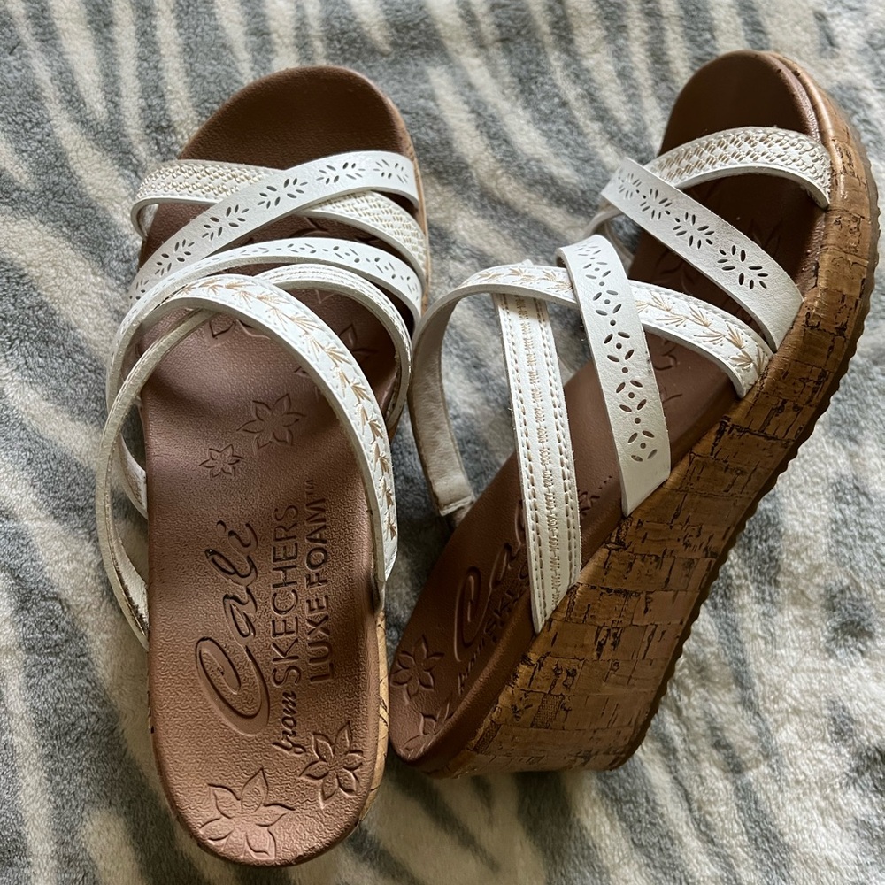 Skechers Cali White and Brown Wedge Sandals